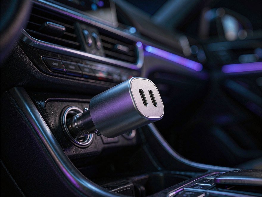 Dual-port car charger in a car interior