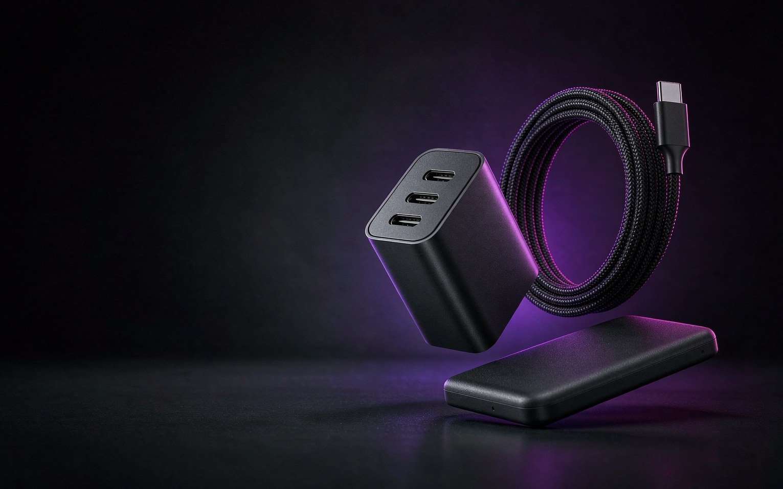 Matte black GaN charger, braided USB-C cable and magnetic power bank under violet studio light
